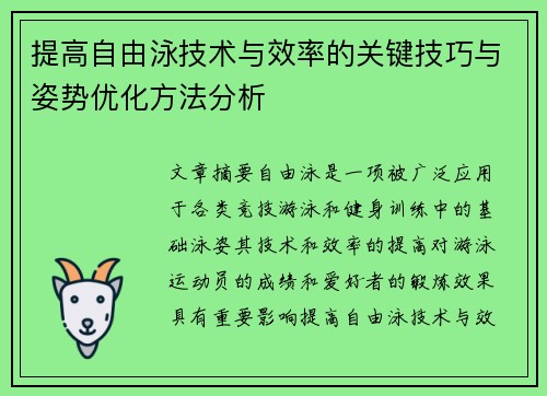 提高自由泳技术与效率的关键技巧与姿势优化方法分析