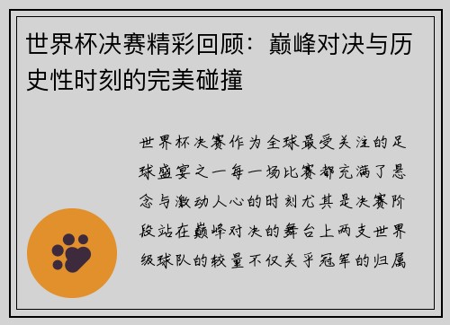 世界杯决赛精彩回顾：巅峰对决与历史性时刻的完美碰撞