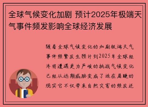 全球气候变化加剧 预计2025年极端天气事件频发影响全球经济发展
