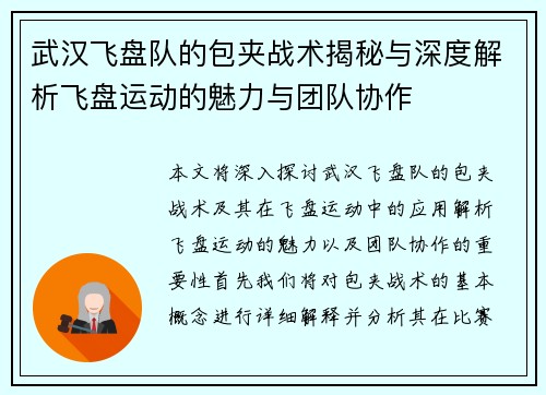 武汉飞盘队的包夹战术揭秘与深度解析飞盘运动的魅力与团队协作